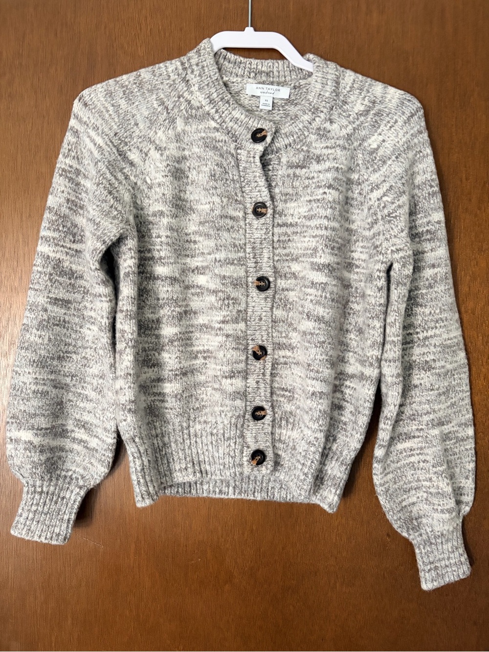 Ann Taylor Marled Light Gray Crewneck Button Cardigan